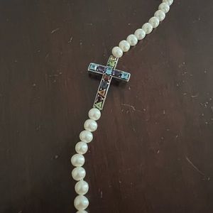Eclectic pearl and gem stone cross bracelet